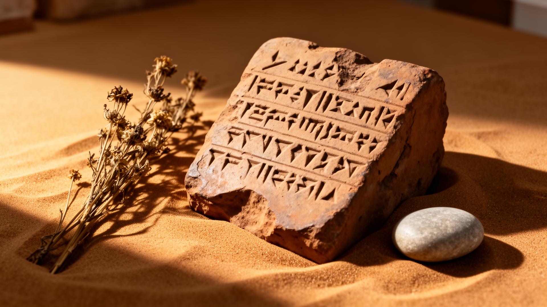 Antike sumerische Tontafel mit Keilschrift auf warmem Sand