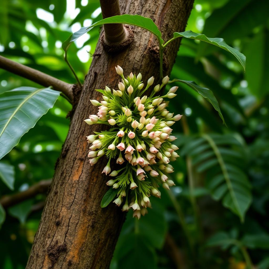 Kakao – Blüten direkt am Stamm (Kauliflorie)