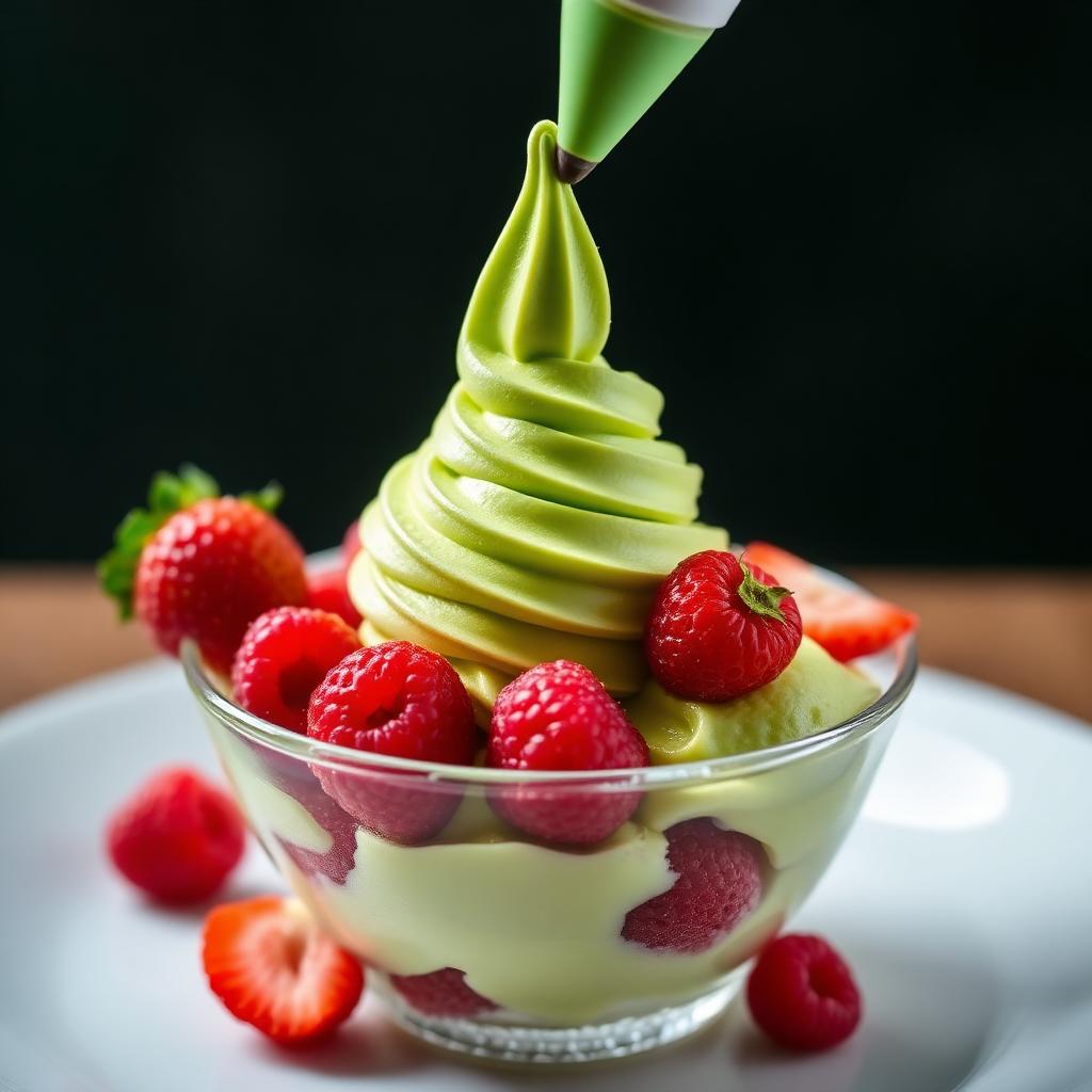 Pistazien-Softeis auf frischen Beeren