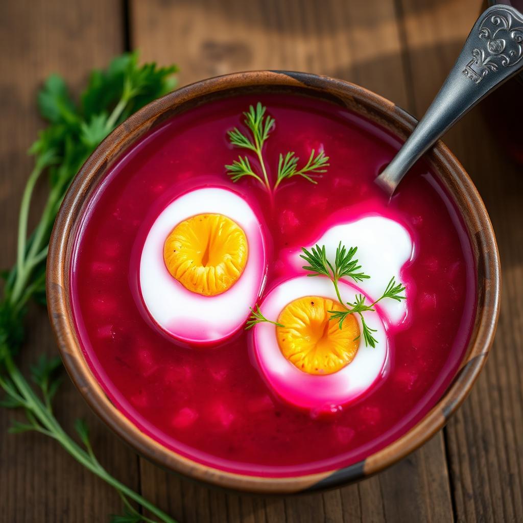 Rote-Bete-Kaltschale (Chłodnik) mit Ei und Dill
